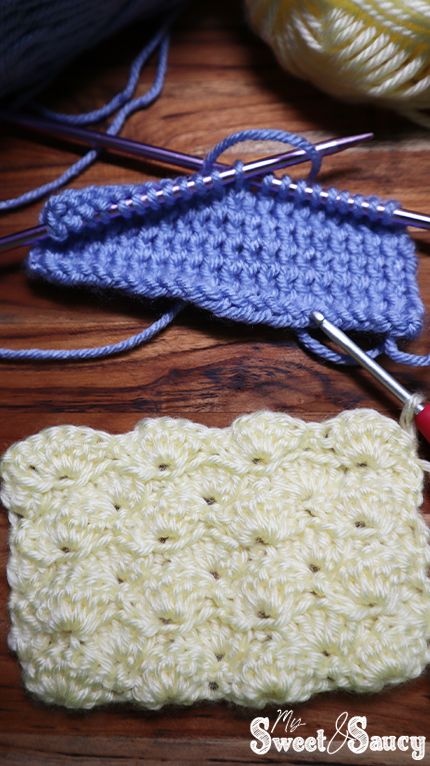 shell crocheting with knitting in background