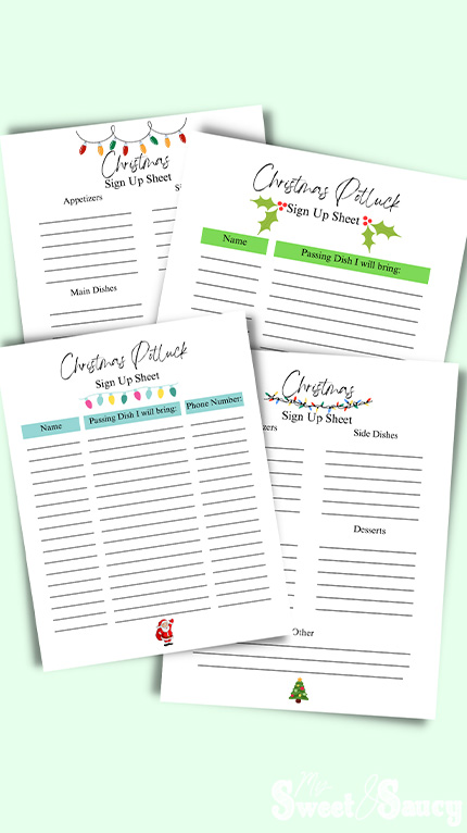 christmas potluck sign up sheets