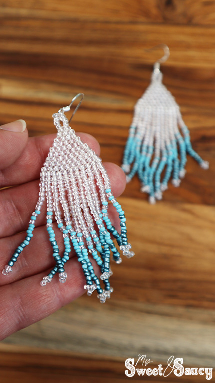 seed bead frindge earrings held in my hand