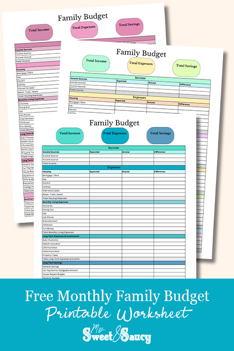 free monthly family budget printable worksheet PIN